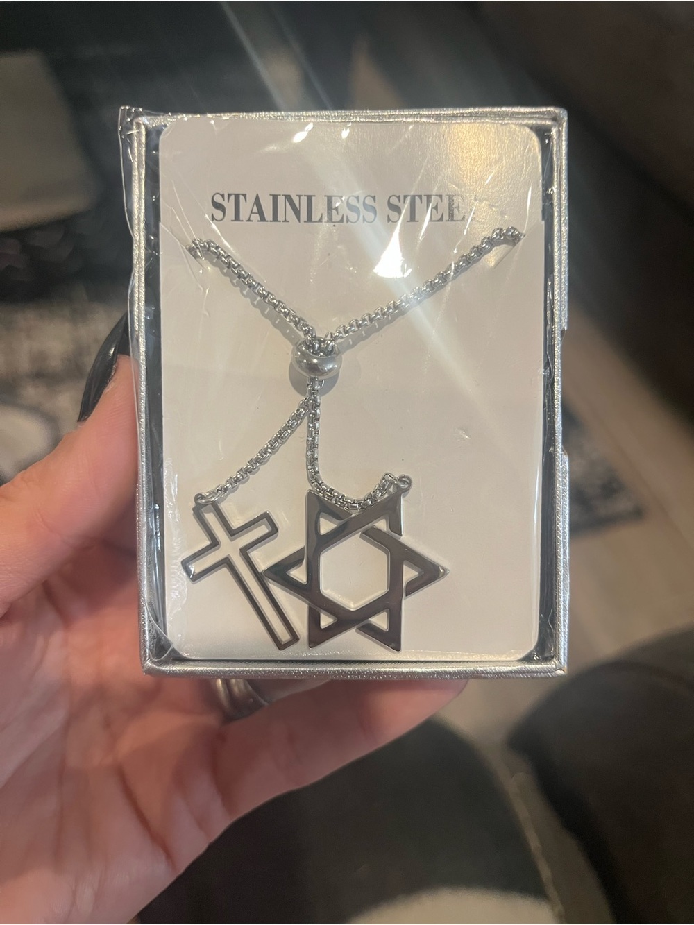 Stainless Steel Dual Symbol Pendant Necklace in Silver